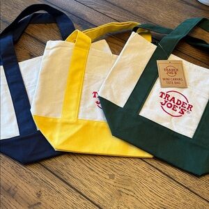 Trader Joe's NWT Mini Canvas Tote Bags set of three yellow, blue and green